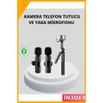 İn3dex Kablosuz Çift Yaka Mikrofonu ve Tripodlu Selfie Çubuğu Seti - Standart - 000-Siyah