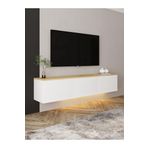 İnarch Dizayn Neon Led Işıklı Duvara Monte, 3 Kapaklı Tv Sehpası – 160 Cm - Modern Tasarım, Beyaz/Safir Meşe