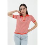 Ince Çizgili Polo Yaka Triko Kazak - Turuncu - Standart