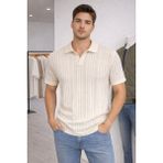 İnce Moda Giyim Dokulu Çizgili Triko Polo Yaka Erkek Tişört – Ekru - XL