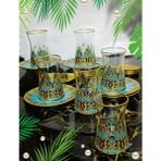 Inci Altın Renkli Model Paşabahçe Heybeli Cam Bardak Tabak 6 Kişilik Çay Seti - Altın - Yeşil - 165 ml