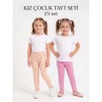 İncili 2'li Kız Çocuk Tayt Seti Pembe Pudra Kalp Desenli Pamuklu - Pudra - Pembe - 5