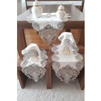 İnciShop Krem Kadife Üzerine Gümüş Dantelli 5 Parça Salon Takımı Masa Örtüsü Runner Seti
