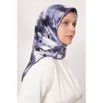 İndigo Lotus Çiçek Twill İpek Eşarp