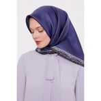 İndigo Şerit Leopar Desen Twill İpek Eşarp