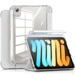 INFILAND iPad Mini 6 kılıfı (8,3 inç, 2021), 【Ultra Şeffaf Arka ve PU Deri Kapak】【6 FT Düşme Koruması】 Kalem Tutucu Desteği ile iPad Mini 6. Nesil Kılıf Kablosuz Şarj -Şeffaf Gümüş