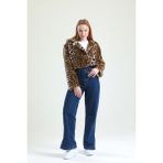 Ingiliz Yaka Crop Kürk Ceket - Leopar - 48