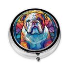 İngilizce Bulldog Lekeli Köpek Irk Cam Sanatı Hap için Yuvarlak Kutu, Hap için 3 Bölme Kutusu Mini Dekoratif Cep Çanta Seyahat Tıbbı Tablet Tutucu