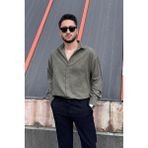İnpool Erkek, Nakış Detaylı, Regular-Fit, Kışlık-Baharlık, Ince Fitilli Kadife Gömlek G16 - Haki