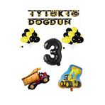 İnşaat Temalı Doğum Günü Banner Kamyon Kepçe Şekilli Balon Seti Siyah Yaş 3