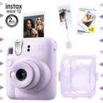 Instax mini 12 Lila Fotoğraf Makinesi-20'li Film-Kıskaçlı Resim Standı ve Simli Pleksi Kılıf Seti