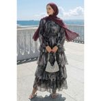 InStyle Bohem Desen Katlı Kuşaklı Antrasit-Mor Elbise