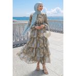InStyle Bohem Desen Katlı Kuşaklı Bej Elbise