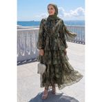 InStyle Bohem Desen Katlı Kuşaklı Yeşil Elbise