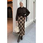 InStyle Ekose Desenli Acı Kahve Saten Etek