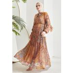 Instyle Elinor Hardal Şal Desen Piliseli Şifon Tesettür Elbise