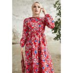 Instyle Felara Kırmızı Çiçek Desen Kuşaklı Elbise