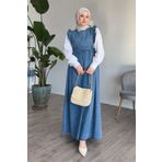 InStyle Frida Omuzu Fırfırlı Kot Jile Elbise - Mavi