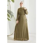 Instyle Haki Ramona Çıtır Desen Piliseli Şifon Tesettür Elbise