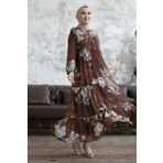 InStyle Jalya Yakası Düğmeli İpli Şifon Elbise - Kahverengi