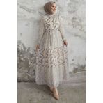 InStyle Nessa Çiçekli Kuşaklı Şifon Elbise - Pudra