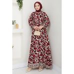 inStyle Pastel Çiçek Desenli Kırmızı Viskon Elbise - 40
