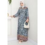 inStyle Renkli Otantik Desen Lacivert Viskon Elbise - 42
