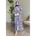 inStyle Renkli Şal Desen Mavi Viskon Elbise - 46