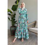 InStyle Renkli Şal Desen Zümrüt Viskon Elbise