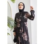 Instyle Serena Çiçek Desen Piliseli Şifon Tesettür Siyah Elbise