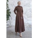InStyle Sivya Yakası Düğme Kuşağı Örmeli Ferace - Kahverengi