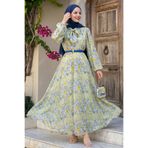 InStyle Soft Desen Yakası Kuşaklı Yeşil Şifon Elbise