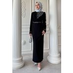 InStyle Taş Yaka Tüylü Kol Siyah Abiye