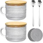 Internet Vintage Kahve Bardağı Kupa Seti 2'li, Bambu Kapaklı Cam Kahve Çay Bardakları, Bardak Altlığı ve Kaşık, 15OZ Şeffaf Kabartmalı A (Yurt Dışından)