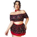 Intive Büyük Beden Siyah Çiçek Desenli Büstiyerli Mini Etekli Bralet Takım (XL-4XL)