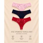 Intive Comfort Desenli Dantel Detaylı Lacivert/Pembe/Kırmızı 3'lü Tanga/Brazilian Set