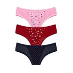 Intive Comfort Desenli Transparan Detaylı Lacivert/Pembe/Kırmızı 3'lü Tanga/Brazilian Set