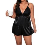 Intive Curvy Büyük Beden Saten V Yaka Dantelli Şort Büstiyer Takım-Pijama Takımı