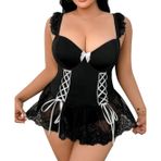 Intive Curvy Büyük Beden Yanları Bağlama Detaylı Eteği ve Askısı Dantelli Mini Gecelik