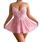 Intive Curvy Pembe Büyük Beden Önden Bağlamalı Göğsü Dantelli Transparan Gecelik