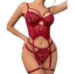 Intive Fantasy Bordo Önden Bağlamalı Büstiyerli Jartiyerli Bacak Aksesuarlı Tanga Takım