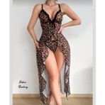 Intive Fantasy Leopar Desen V Yaka Önden Bağlamalı Önü Açık Volanlı Uzun Gecelik