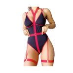 İntive Lingerie Arkası Çapraz Dekolteli Siyah Kırmızı Bodysuit Jartiyer Takım -1045 Siyah/Kırmızı S/M
