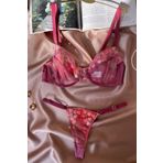 İntive Lingerie Gloria Mürdüm/koyu Mor Çiçekli Balenli Desenli Tasarım Sütyen Tanga Takım Mürdüm 80