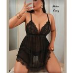 İntive lingerie-innocent&attractive Intive Curvy Siyah V Yaka Dekolteli Saten Kuşaklı Transparan Dantel Detaylı Büyük Beden Gecelik
