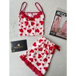İntive lingerie-innocent&attractive Intive Dantel Detaylı Yumuşacık Kırmızı Beyaz Kalp Desenli Askılı Bluz Şort Pijama Takımı