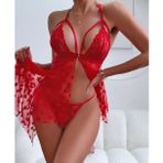 İntive lingerie-innocent&attractive Intive Kalp Desenli Asimetrik Kesim Transparan Kırmızı Gecelik String Takım-3666