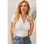 İntive lingerie-innocent&attractive Kadın Beyaz Yarım Fermuarlı ve Kısa Kollu Crop Top Bluz