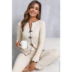 İntive lingerie-innocent&attractive Kadın Ekru Fitilli Şık Pijama Takımı – Fiyonk Detaylı Rahat Ev Giyim Seti