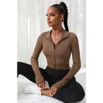 İntive lingerie-innocent&attractive Kadın Kahverengi Uzun Kol Fermuarlı Parmak Geçme Detaylı Dik Yaka Crop Top Bluz